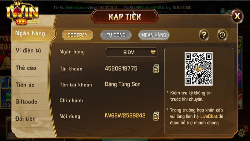 nap tien iwin 1 Chuyển tiền đến tài khoản qua ngân hàng
